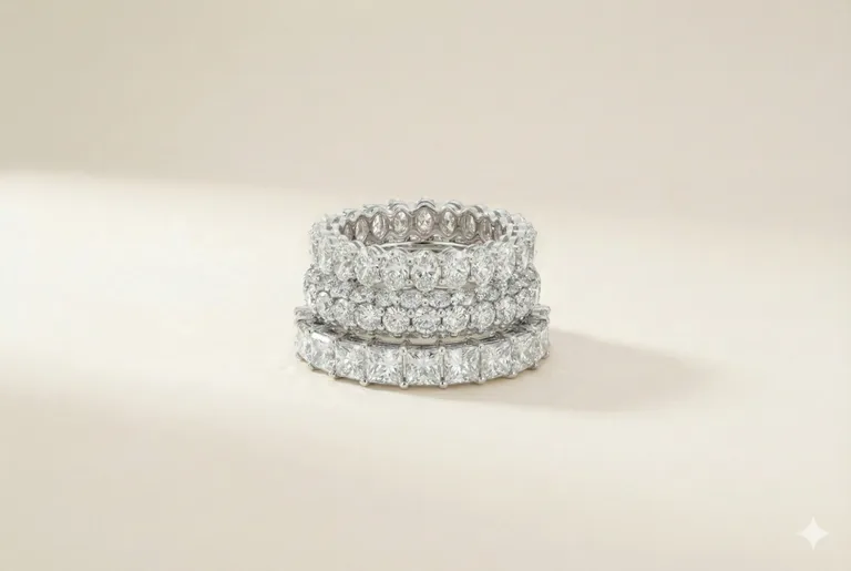 A stack of three diamond eternity bands