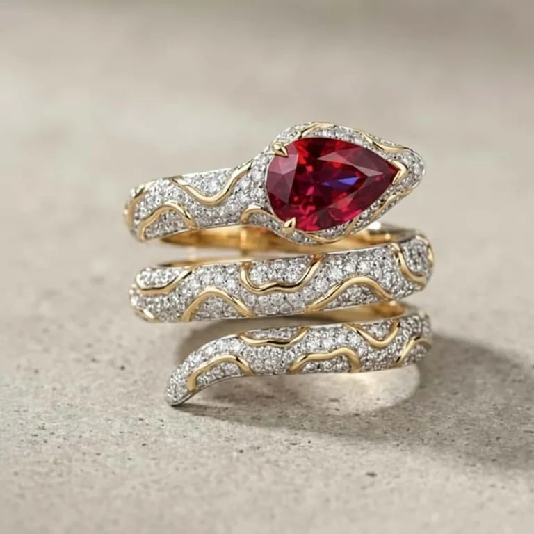 The Yadanar Thaing serpent ring with a pear-shaped Burmese ruby set in platinum and gold