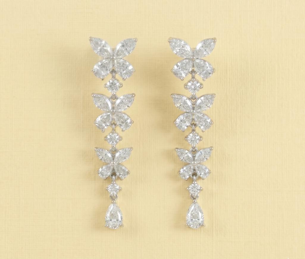 Samuel & Co Chrysalis marquise diamond line drop earrings with butterfly motif in 18K white gold, 3.27ct TCW.