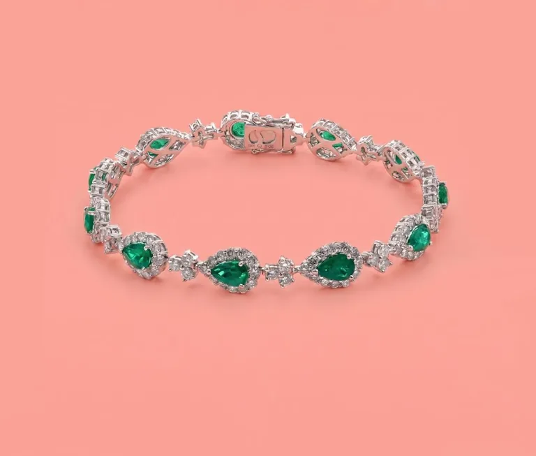 18K White Gold Pear-Cut Emerald & Diamond Halo Bracelet by Samuel & Co.