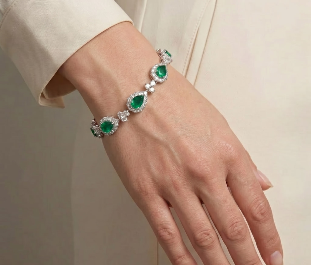The Pear-Cut Emerald and Diamond Halo Bracelet – view 3 – Samuel & Co.