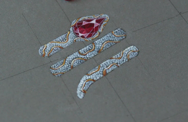 Hand-painted gouache design for the bespoke ruby serpent ring