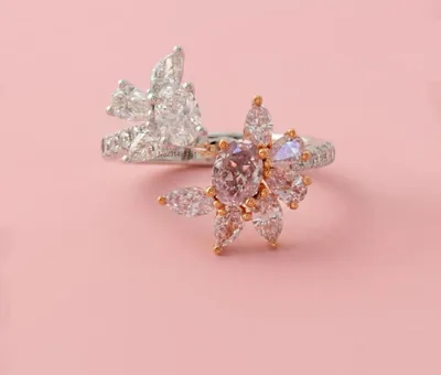 Perihelion — Fancy Pink and White Diamond Asymmetrical Toi et Moi Ring in two-tone gold by Samuel & Co.