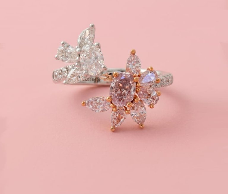 Perihelion — Fancy Pink and White Diamond Asymmetrical Toi et Moi Ring — front view, Samuel & Co.