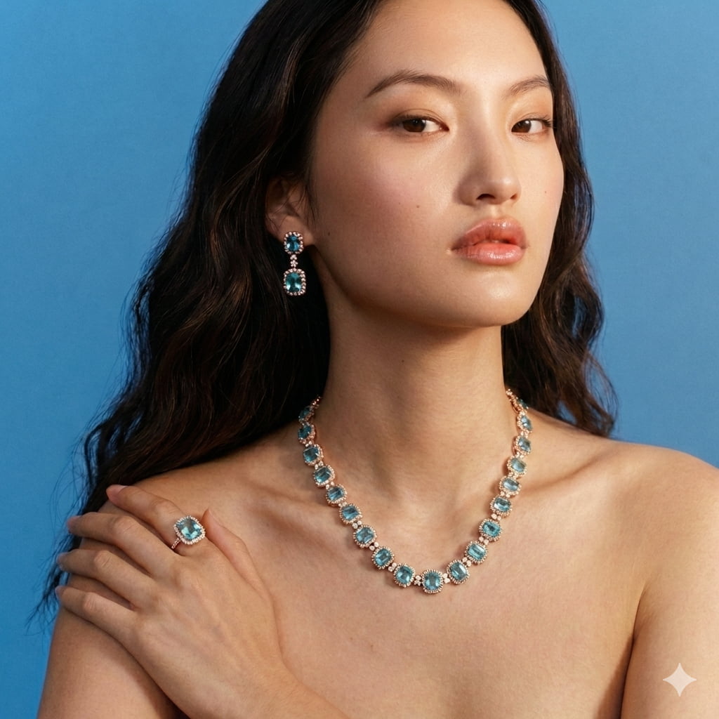 Rare Neon Paraiba Tourmaline Diamond High Jewelry Suite - Model View